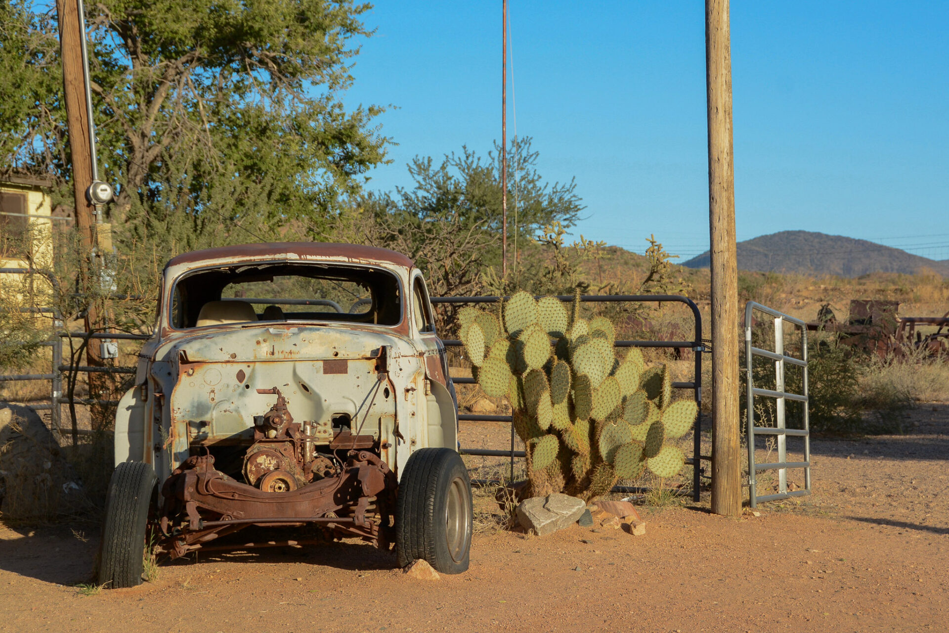 autowrack-kaktus-hackberry-general-store_foto-ralf-johnen Autowrack mit Kakteen und stahlblauem Himmel in Arizona