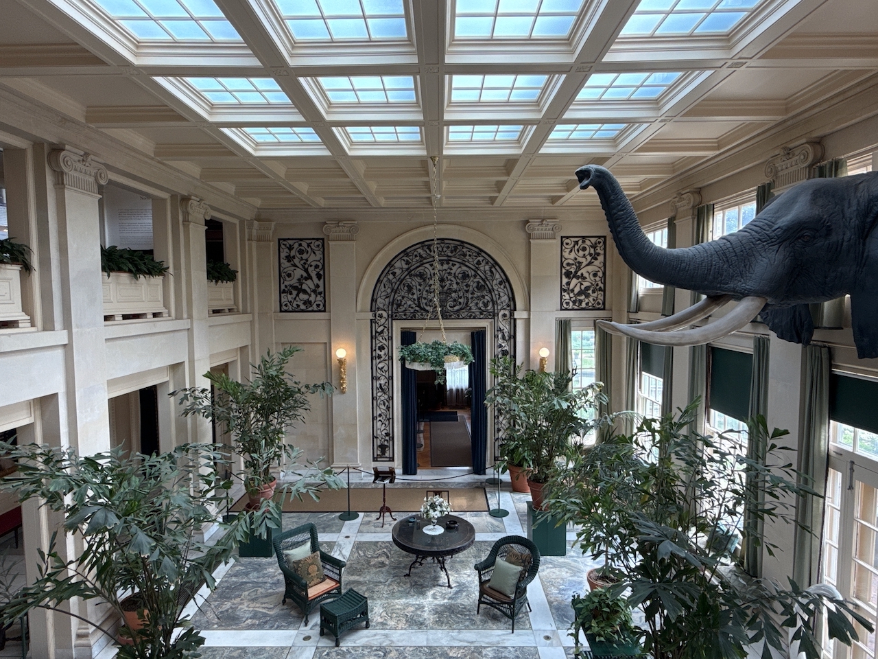 Elefantenkopf mit Stoßzähnen im Salon des Eastman House in Rochester, New York